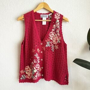 VTG Jantzen Hand Embroidered Floral Sweater Vest XL Grandma Cottage Shabby Chic